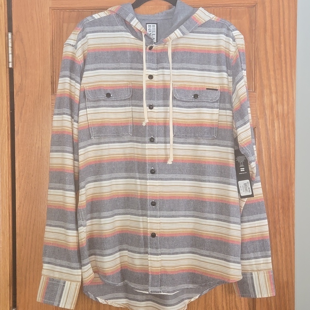 Billabong 100% cotton Striped Hooded Men's Shirt Size MEDIUM